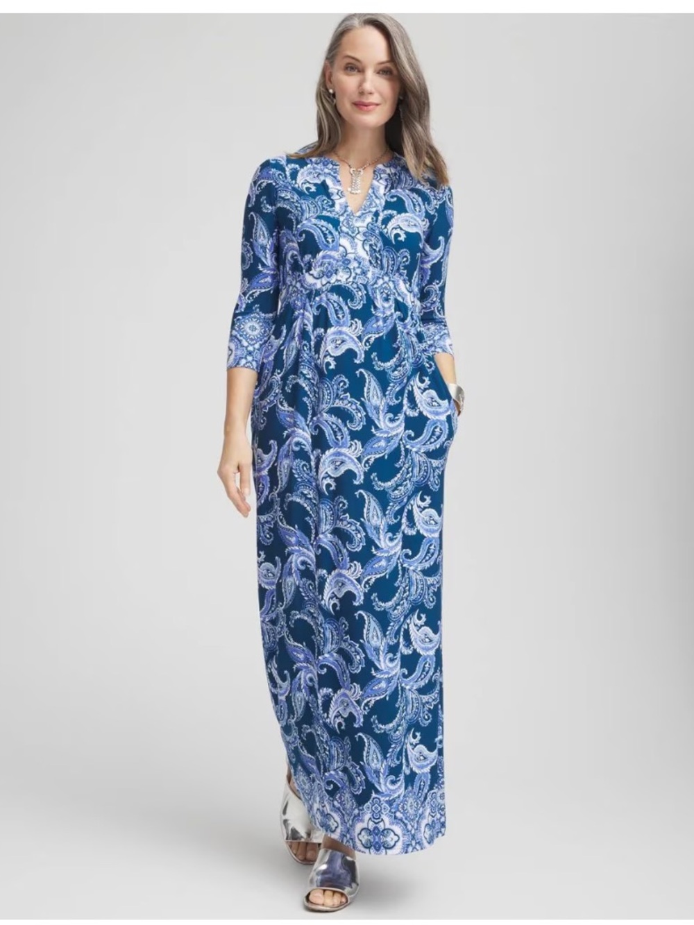 Chicos Dress Womens XL Petite Blue Paisley Jersey Maxi Stretch Pockets Coastal